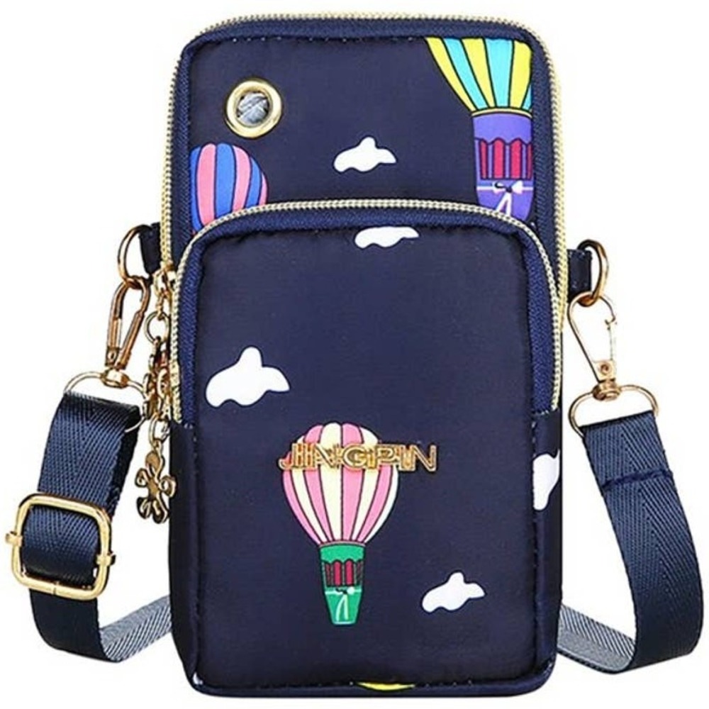 Jingpin Hot Air Balloon Print Navy Nylon Crossbody Phone Bag‎ Small Travel Purse